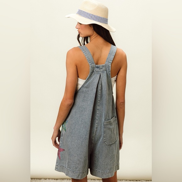 BiBi Star Rhinestone Washed Wide Leg Shortalls - Picture 6 of 14